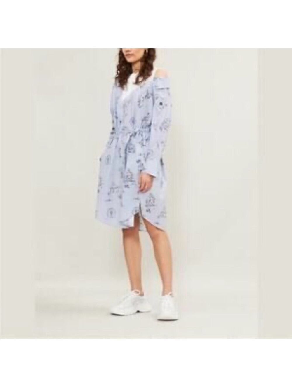 Maje Blue & White Pinstripe Cotton Off Shoulder Shirt Dress Sz 1 (Small) - Picture 2 of 11